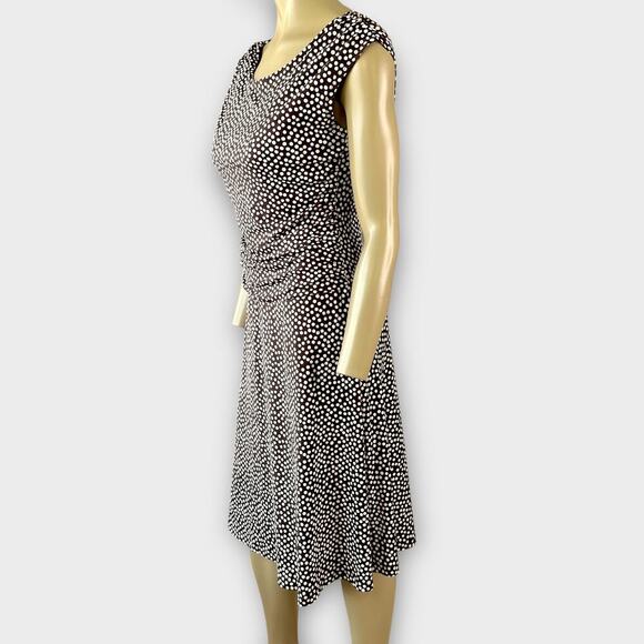 Enfocus Studio Sleeveless Polka Dot Dress Ruched Stretchy Size 12 Brown White - Picture 2 of 15